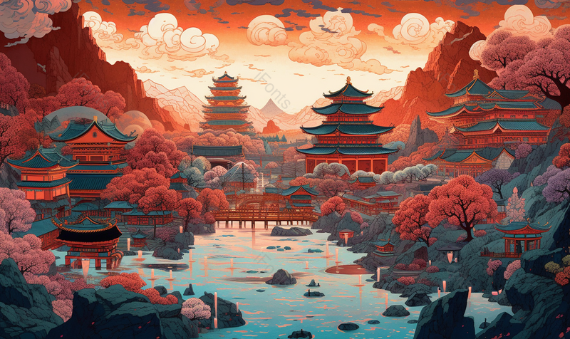 晚霞时分的朝圣色达城市红房子天葬台牦牛佛学院插画国潮风格,插画/手绘图,插画/手绘图库,插画/手绘图下载,插画/手绘